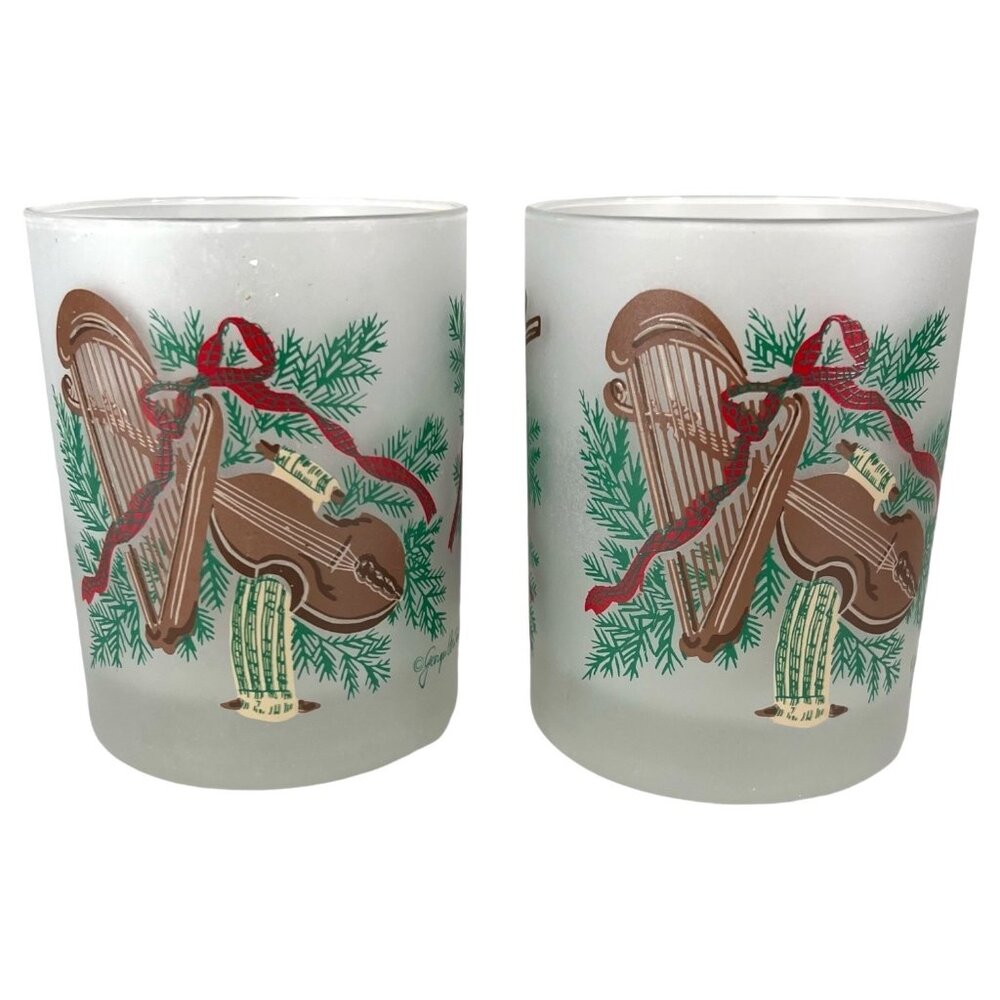 2 Georges Briard Christmas Glasses Frosted Old Fashioned Violin Drum‎ Harp VTG